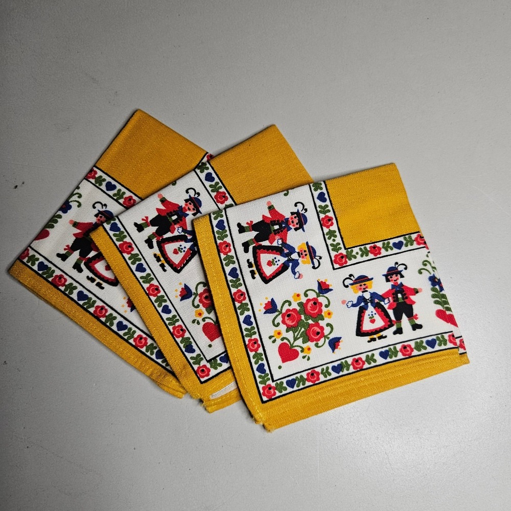 Vintage Folk Art Linen Napkins Set of 3 Yellow Scandinavian Germanic Floral 11in
